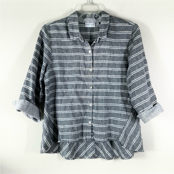 HABITAT Linen Button Up Shirt A-line Stripe Too Coastal Lagenlook Artsy Gray L - Picture 12 of 12